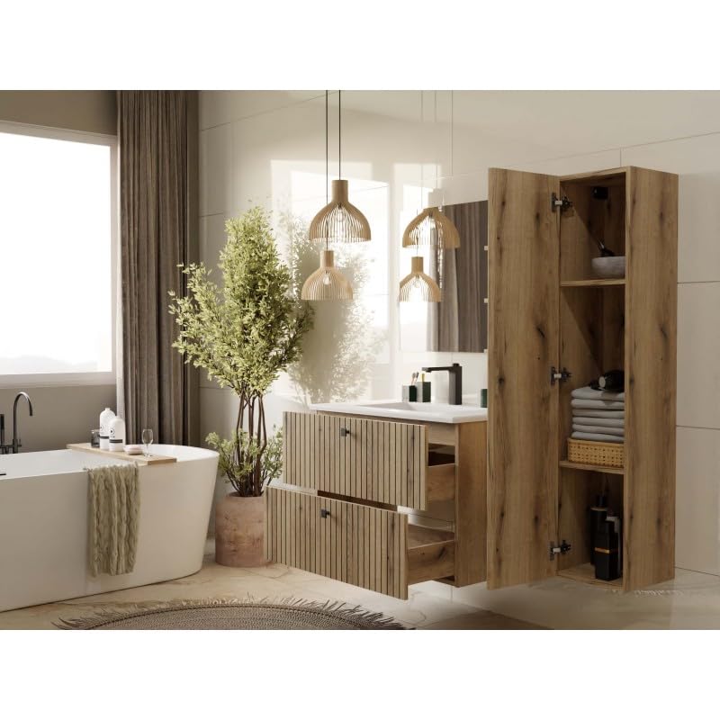 Meuble sous-lavabo suspendu CDF avec 2 tiroirs, meubles de salle de bain avec façades à lamelles et poignées – Rangement pour accessoires de bain, cosmétiques, serviettes – Design moderne Tigo 802S