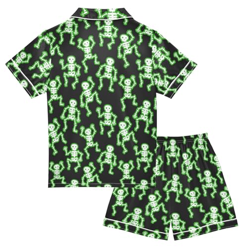 Funny Green Skulls Summer Satin Pajama Set, Cute Button-Down Sleepwear Pj Set for Sleep Wears2