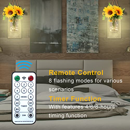 Rustic Mason Jar Wall Decor Sconces, Kitchenexus Decorative Mason Jar With Remote Control, Led Fairy Lights And And Sun Flowers, Farmhouse Home Decorations Wall Decor Living Room Lights, Set Of Two #TOP1