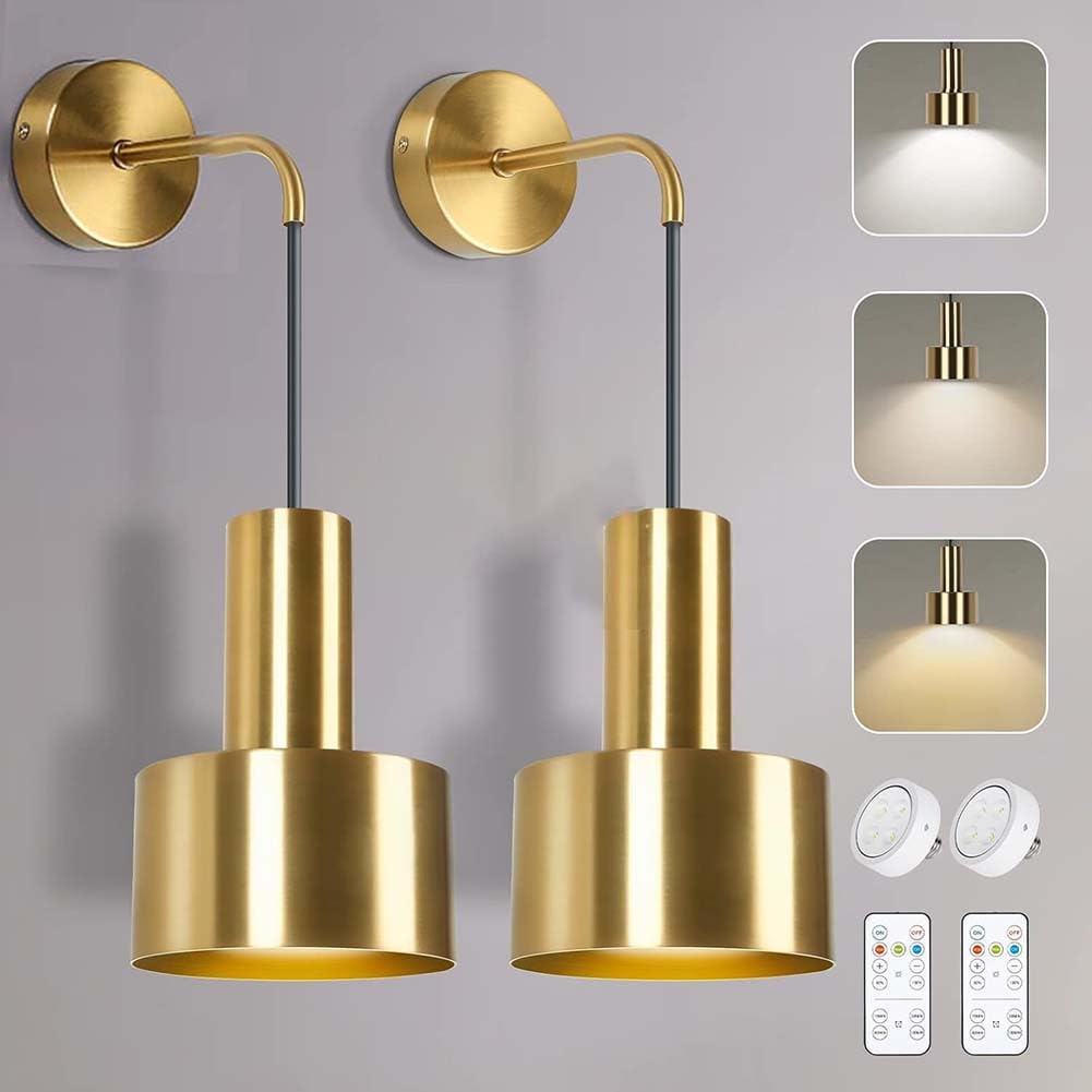 Wewnętrzna Lampa Ścienna LED z Pilotem Zdalnego Sterowania i Timerem Lampka Ścienna Akumulatorowa Lampka Ściemnialna Bez Podłączenia do Prądu Lampka Nocna Okrągła Vintage Lampa 2 szt.,Gold