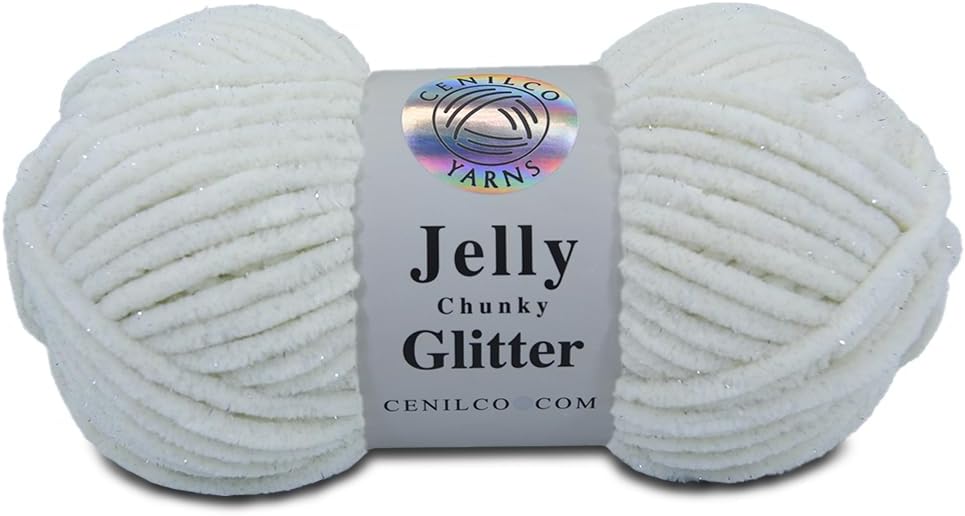 Jelly Chunky Glitter Chenille Blanket Yarn for Crocheting and Knitting Super Bulky 100grs. / 3.5 oz. 110 MTS. / 120 yds. (02-Cream)