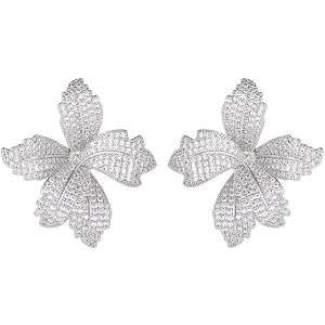 Luxury Big Flower Cubic Zirconia Crystal Statement Stud Dangle Earrings for Women Dainty 925 Sterling Silver Post Diamond Petal Large Flowers Huggie Studs Hypoallergenic Fashion Trendy Jewelry