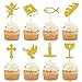 Tarklanda 32 Pièces Cake Toppers Communion Décoration Gâteau Première Sainte Communion Cadeau Baptême Or Paillettes Croix Ange Pigeon Graal pour Enfants Filles Garçon Baptême Fête Décoration