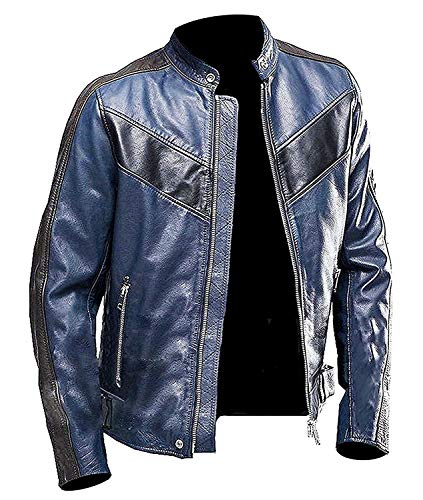 Image of Men's Leather Jacket Cafe Racer Biker Style Retro Stripes Jacket, Motorcycle Racing Leather Jacket (US, Alpha, 4X-Large, Regular, Regular, S18) Navy Blue Biker Jacket