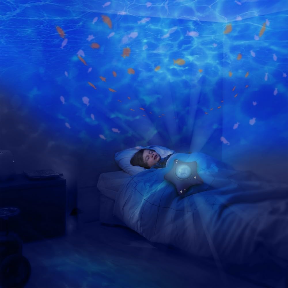 Luz nocturna Pabobo x Kid Sleep Musical y ligera, para niños y bebés, felpa con forma de estrella, proyector de agua, nómada, lámpara, techo, océano tranquilo, azul
