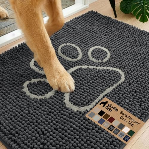 Image of GORILLA GRIP SoakSTOPPER Dog Door Mat, Machine Washable Rug Absorbent Doormat Captures Moisture Mud Dirt, Quick Dry Soft Chenille Entryway Rugs Indoor Entrance Mats for Dog Paws, 24x17 Charcoal