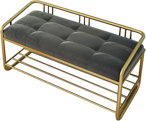 Miniatura 7 de Banco de zapatos de 2 niveles con marco de metal, banco de almacenamiento de zapatos para entrada, pasillo, sala de estar (color azul, tamaño 31.5 x