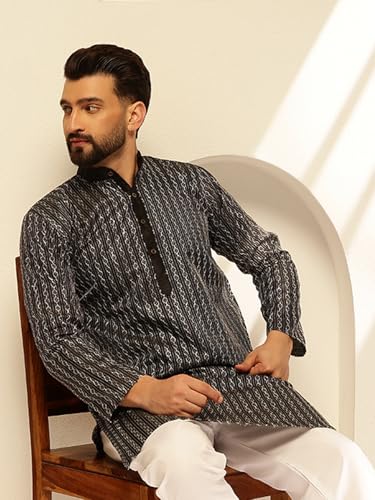 Image of SOJANYA (Since 1958 Men's Silk Blend Contrast White Thread Detailing Kurta With White Pyjama