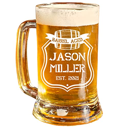 Personalized 16.oz Beer Mug | Barrel Aged Design | Clear Glass | Custom Made | Perfect for wedding gifts, anniversaries, birthday gifts, home warming gifts or graduation