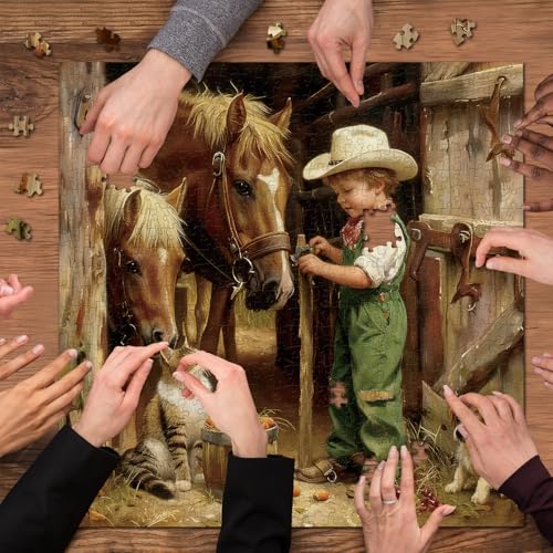 Rompecabezas de animales de granja para adultos, 1000 piezas, escena vintage de cowboy pequeño con caballos, gato y cachorro, rompecabezas artístico rústico de granja y granero miniatura 6