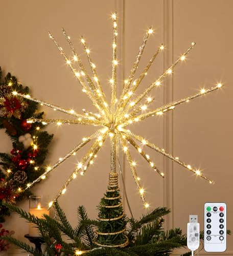 15 Inch Starburst Christmas Star Tree Topper with 150 Lights & Remote, Gold