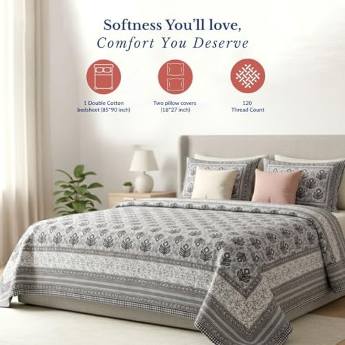 Image of Jaipur Weaves Jaipuri Double Bed Cotton Bedsheet Queen Size 90x85, 120 TC 100% Pure Cotton Bed Sheet with 2 Pillow Covers, Floral Traditional Print (Grey Buta, Double)