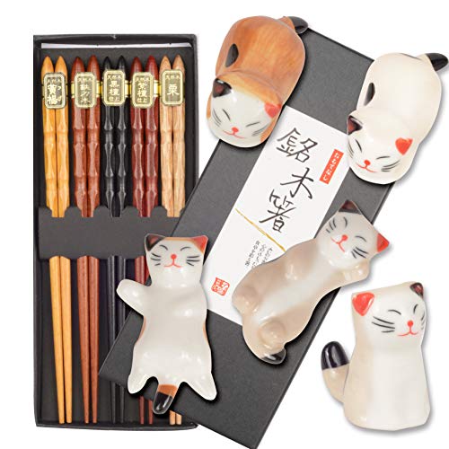 Chopsticks and Chopstick Holder Cat Chopstick Holder  Japanese Style Chopsticks  Lucky Cat Chopsticks Rest Holder 5 Cats  Lucky Cat Chopsticks Japanese Chopstick with Lucky Cat Rest brown