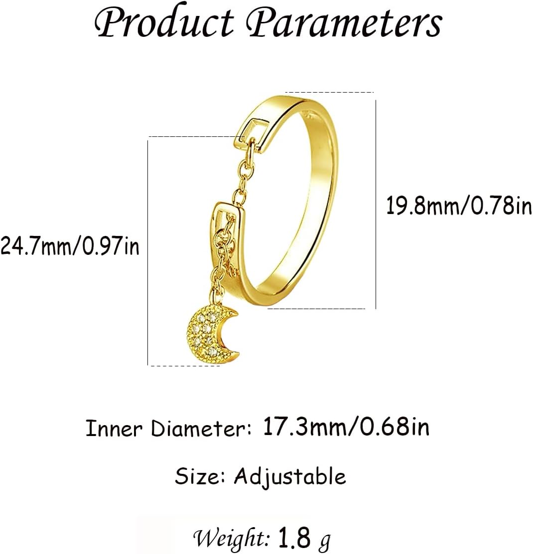 CZ Star Moon Chain Promise Statement Ring for Women Silver Gold-Toned Dainty Crystal Starless Crescent Tassel Dangle Drop Open Wrap Finger Rings Adjustable Comfort Fit Fashion Wedding Jewelry - Image 6