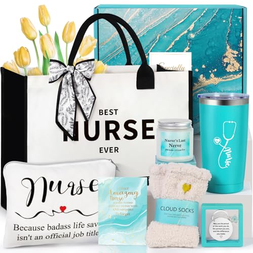 Suhctuptx Nurse Gifts Nurse Appreciation Gift Set for Women Christmas Gifts for Nurses Week Rn Nurses Graduation Gift Basket for Female Nursing Student w/Canvas Tote Bag Tumbler Keychain Teal by Suhctuptx - Used condition - US$15.19