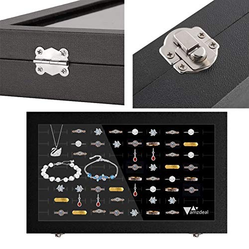 amzdeal Ring Storage Box -100 Slots Jewelry Ring Display Case with Glass Lid, Jewelry Storage Tray, Ring Holder Organizer, Ideal Gift for Women/Men, Black - Thumbnail 4