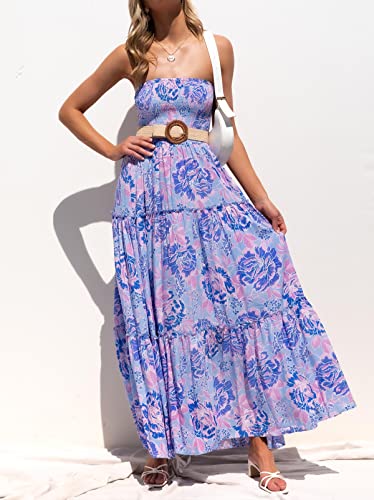 Image of ZESICA Women's Summer Boho Strapless Maxi Dress 2026 Casual Off Shoulder Smocked Flowy A Line Beach Holiday Long Dresses