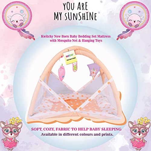 Image of Kwitchy Baby Bedding Set New Born Baby Bed Mattress with Mosquito Net Play Gym Playmat Cotton Bed with Hanging Toys (0-6 Months, Orange)
