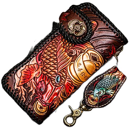Money fish First layer cowhide Zip Around Wallet Zipper Clutch Purse Coin Card Slots Collection wallet for men and women (Red)