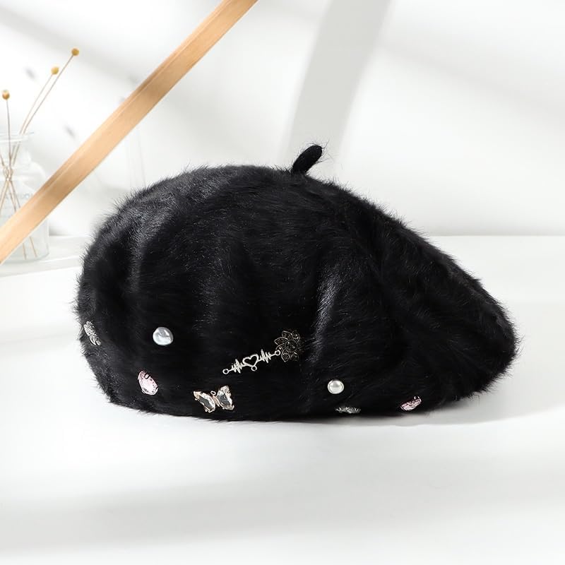 Rabbit Hair Rhinestone White Warm Beret Women's Casual Hat