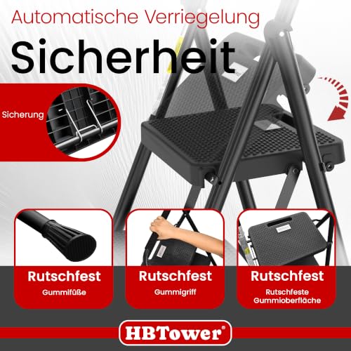HBTower Trittleiter 3 Stufen klappbar, Leiter mit Breitem Anti-Rutsch-Pedal, Trittleiter mit Bequemer Handlauf, Tragbarer Tritthocker aus Stahl, Schwarz