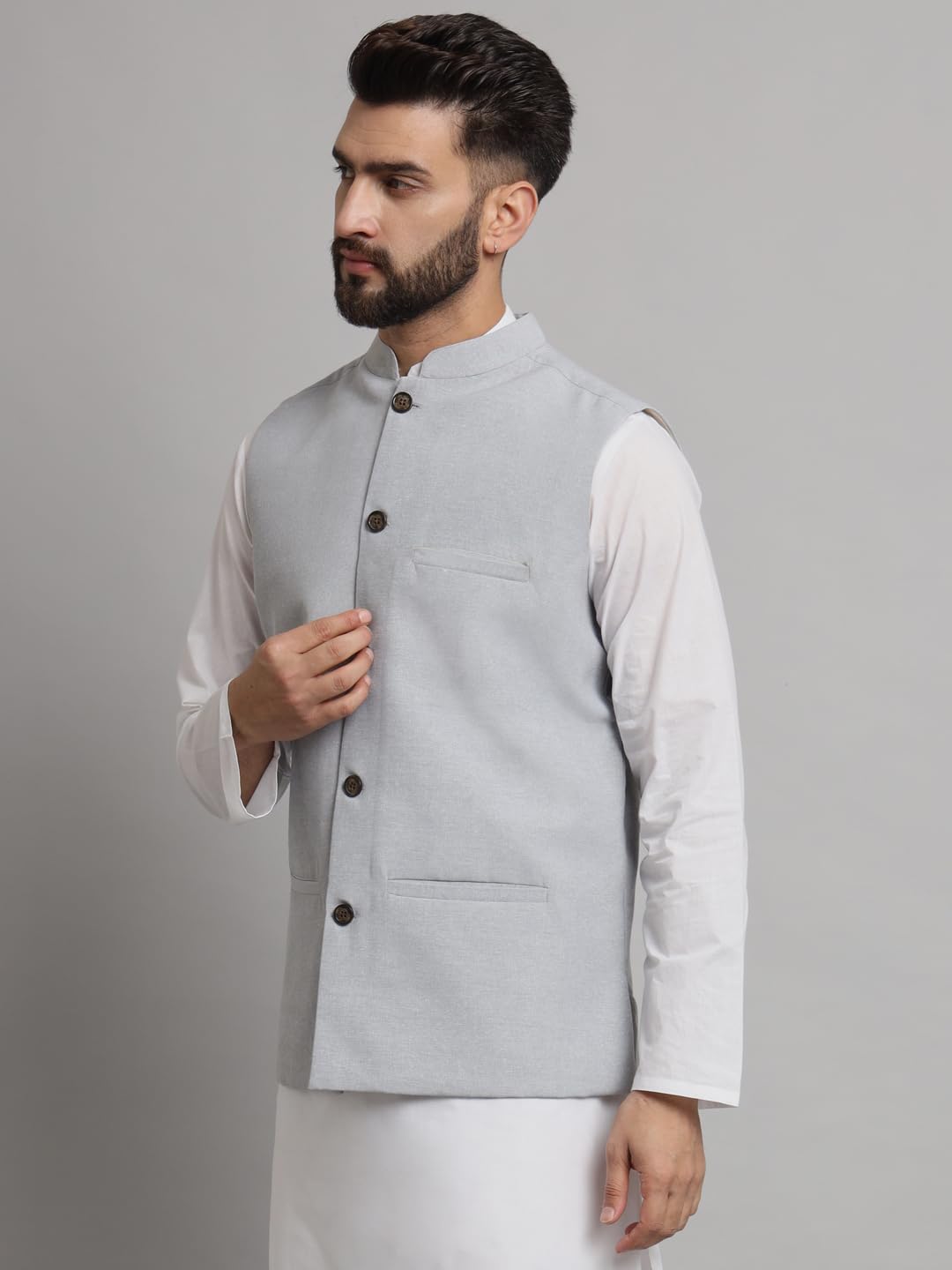 LATEST CHIKAN Men's Traditional Cotton Solid Nehru Jacket/Waistcoat -SADRI-LB-GY-40 - Image 3 thumbnail