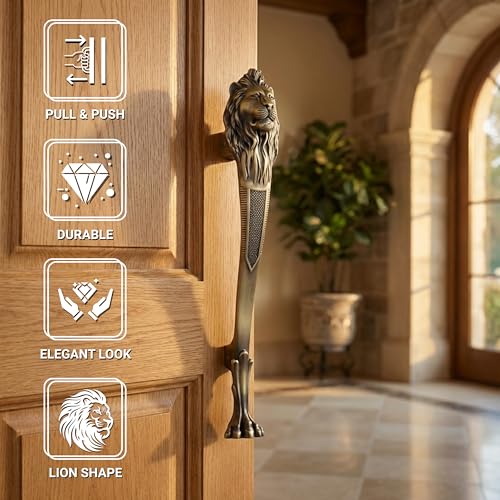 Image of GLOXY Premium Antique 15 inch Lion Shaped Main Door Handle with 10 inch Hole-to-Hole Spacing - Decorative Push & Pull Aluminium Wooden & Glass Door Handle for Home, Hotel, Office & Banquet Hall - Pack of 1