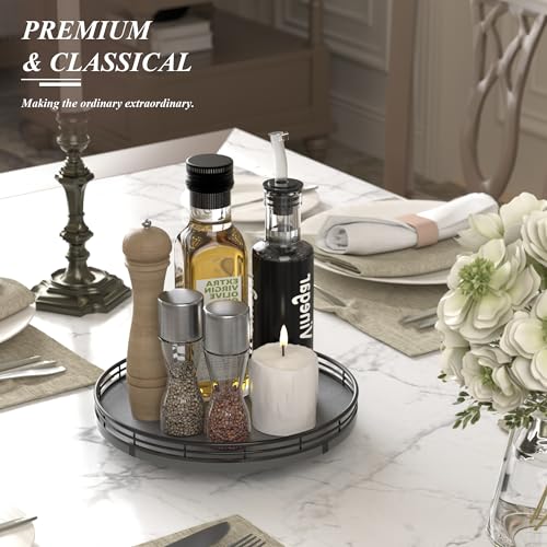 Image of Nature Slate Lazy Susan Turntable for Table Top - 10 inch Round Slate Tray Organizer for Dining Table, Kitchen Countertop & Bar, Luxury Stone Serving Tray with Black Raised Iron Rim