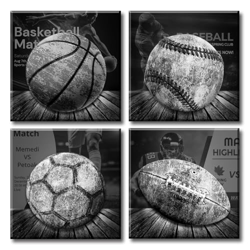 Image of BLINFEIRU Sports Wall Decor for Boys, Black and White Sports Wall Art, Vintage Soccer Football Baseball Basketball Pictures Artwork, Modern Canvas Prints Home Men Bedroom Decoration 12"x12"x4