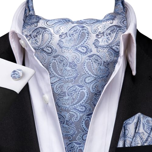 Image of Hi-Tie Silk Ascot for Men Self Tie Men's Cravat and Flower Lapel Pin Handkerchief Cufflinks Set for Wedding Party