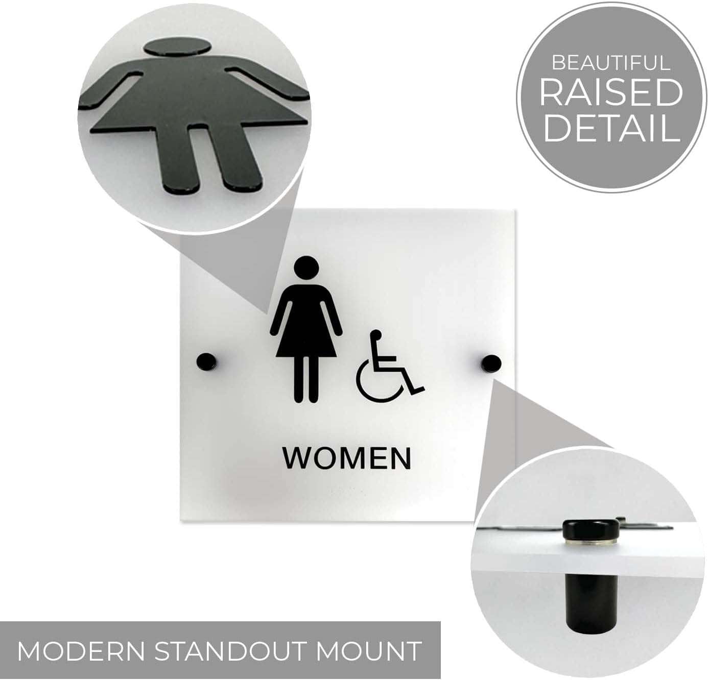 Frosted Designer ADA Men And Women Restroom Signs / 9" x 9" Square Bathroom Sign Set With Braille And Handicap Symbol/Chic Translucent Sign With Stand Off Mounts/Made In The USA