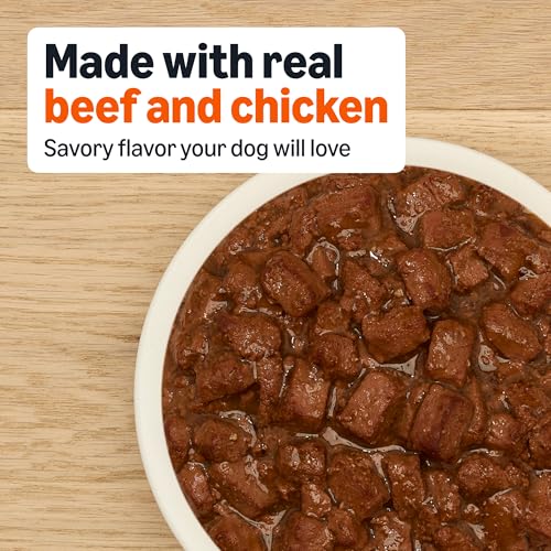 Image of Amazon Basics Wet Dog Food, Cuts in Gravy, New York Strip Flavor, Made with Real Chicken & Beef, 13.2 oz can (Pack of 12)