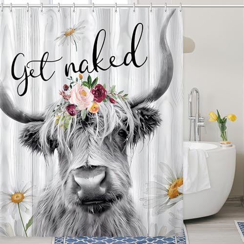 Romantic Angels Western Cow Shower Curtain 72 * 72 Inch Highland Cow Bathroom Decor Get Naked Country Shower Curtains Set Rustic Farmhouse Style Funny Cow Shower Curtain for Bathroom (Daisy)