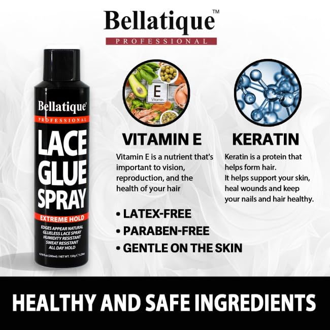 BELLATIQUE Lace Glue Spray (6.76 oz) - Extreme Hold. Edges Appear Natural, Humidity Resistant, Sweat Resistant, All Day Hold, Quick Drying, Flake Free, Easily Removed, Quick & Easy.