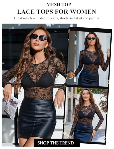Avidlove Lace Mesh Top for Women Long Sleeve Crew Neck Sheer Blouse See Through Floral Lace Tops3