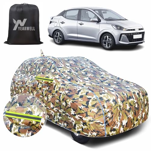 Image of Car Body Cover for Hyundai Aura, 100% Waterproof, Heat-Resistant with Mirror & Antenna Pockets, Soft Cotton Lining, Triple Stitched, Green Reflector (Jungle Print)