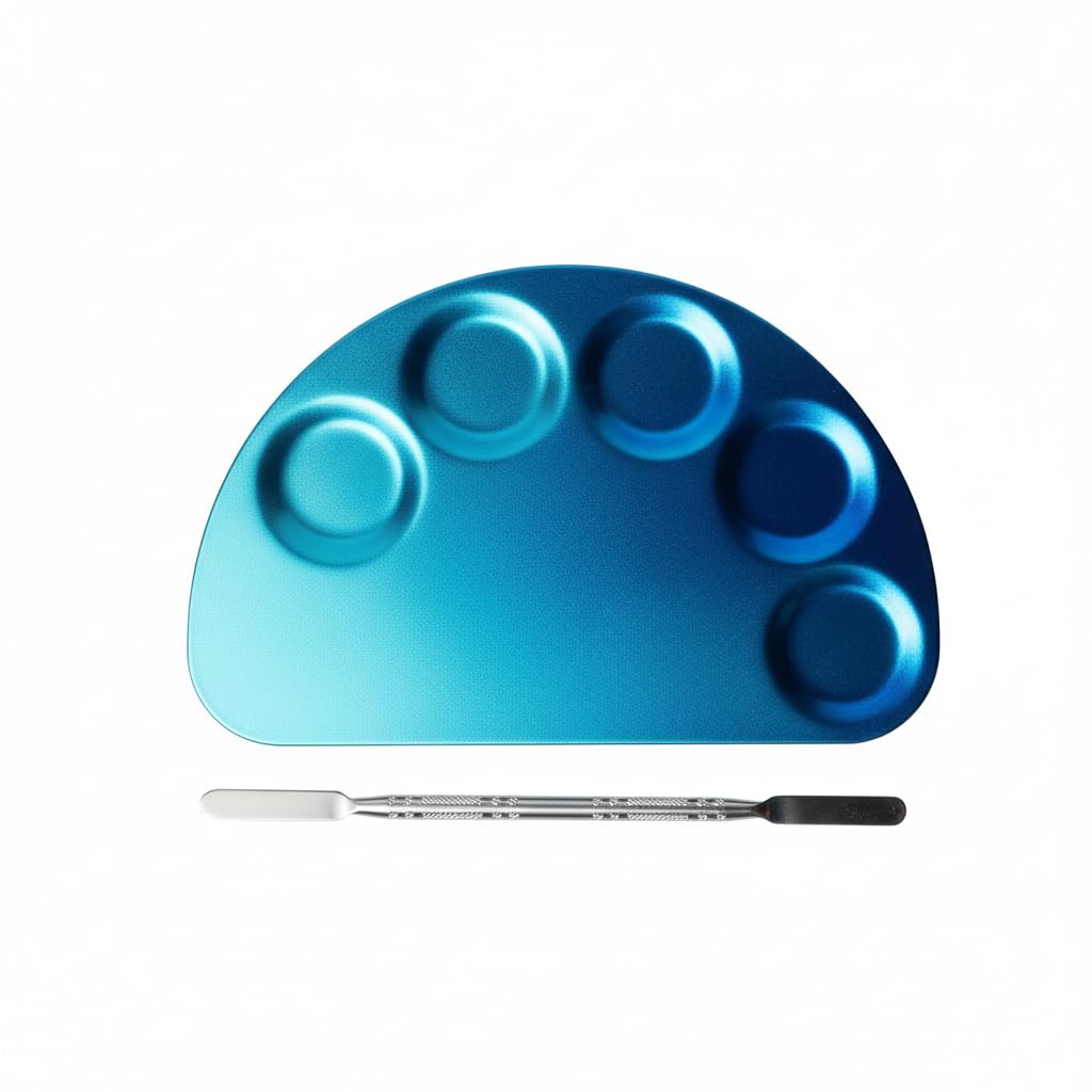 Stainless Steel Makeup Mixing Palette with Spatula Tool, Blue | 5 Mixing Wells, Semi-Circle Shape, Includes Spatula, Anodised Finish, Artist & Nail Art Use-image-36