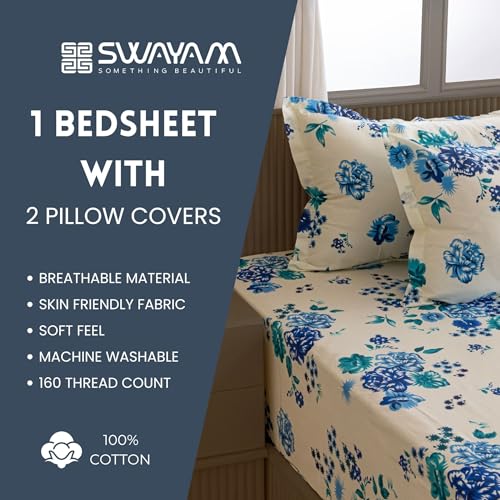 Image of Swayam Pure Cotton Double Bedsheet with 2 Pillow Covers | Size 90 x 100 inch | 160 TC | Floral Design | Soft Breathable Bed Sheet | Comfortable & Durable for Bedroom - Cream & Blue