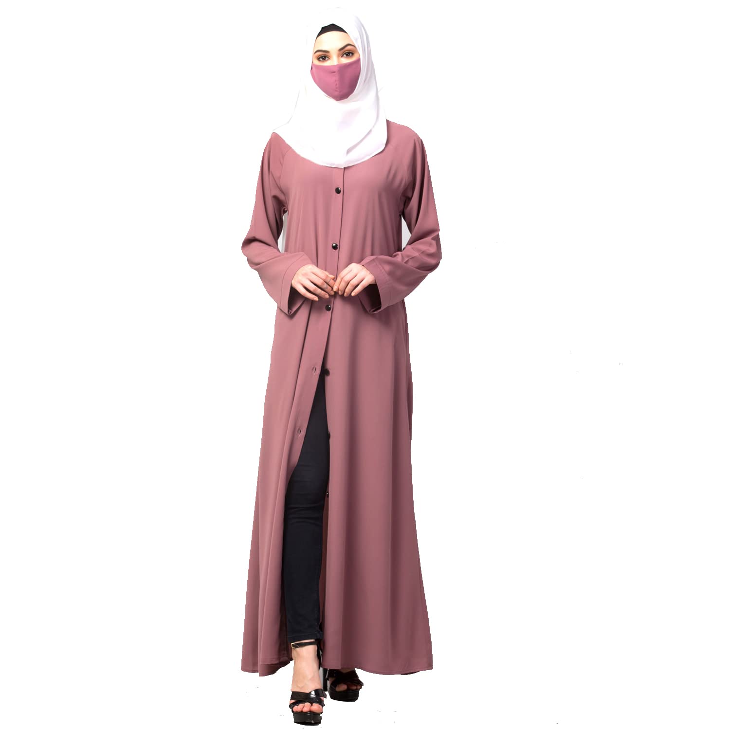 Bashariya Front Open Abaya with Contrast Buttons Long Sleeves with Side Pockets -Without Hijab (ME-058-AB-PUCE PINK)