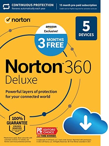 Norton 360 Deluxe, 2023 Ready, Antivirus software for 5 Devices with Auto Renewal – 3 Months FREE – Includes VPN, PC Cloud Backup & Dark Web Monitoring [Download]