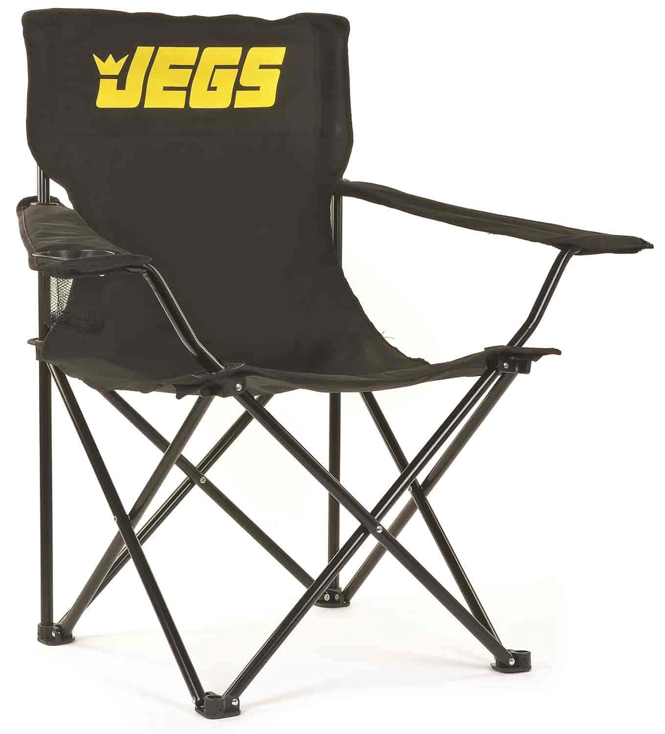 JEGS Folding Chair | Black Canvas With JEGS Logo | Black Powder Coated Frame | Capacity 250 LBS | Total Height 36” | Includes Mesh Cup Holder And Storage Bag With Strap