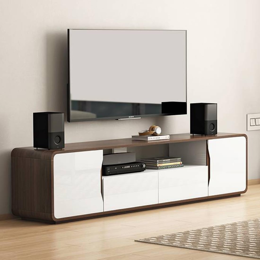 Levon Artisan Modern Solid Mango Wood TV Unit with High Gloss White Doors Mid-Century Entertainment Console Walnut Finish-image-4