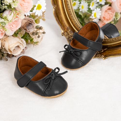 Babelvit Baby Girls Premium Bowknot Mary Jane Flats Wedding Princess Dress Baptism Shoes Rubber Sole PU Leather Infant Toddler First Walking Moccasins Crib Shoes - Image 5