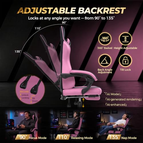 Image of GTPLAYER Video Gaming Chair Fabric, Ergonomic Computer Chair with Footrest and Pocket Spring Cushion, Height Adjustable Video Gamer Chair with Lumbar Support for Adults, Pink
