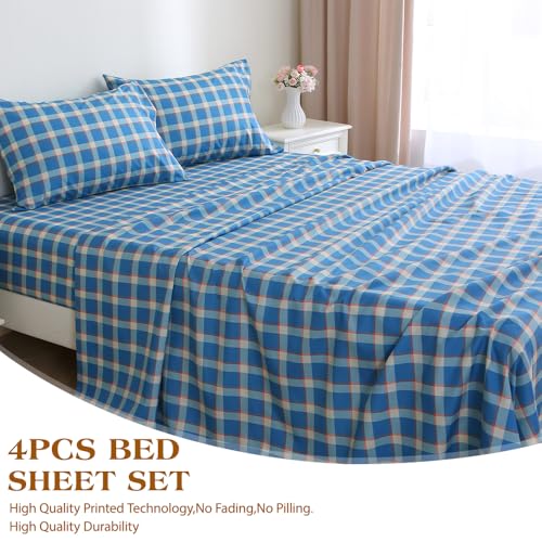 Image of MUXHOMO Full Size 4 Piece Sheet Set, Soft & Breathable Sheet for Bedroom with Deep Pocket Up to 16 inch, Wrinkle-Free & Cooling Bed Sheet with Flat Sheet, Fitted Sheet & Pillowcases - Blue Green Plaid