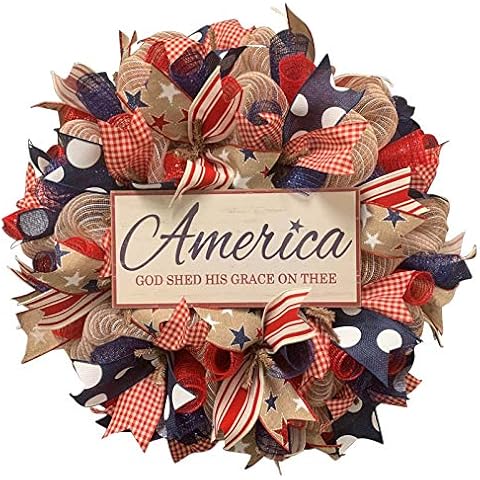 FRAKYEN Patriotic Wreaths 4th of July Red White and Blue Memorial Day Burlap Wreaths for Front Door with God Bless America Sign Handcrafted Boxwood Garland for Festival Celebration Door Home Decor Cover