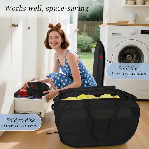 Image of 100L Extra Large Mesh Pop Up Laundry Hamper with Lid & Handles 2 Pack, XL Foldable Dirty Clothes Basket for Home Dorm Closet Storage, Portable Laundry Bin, Black. 2H