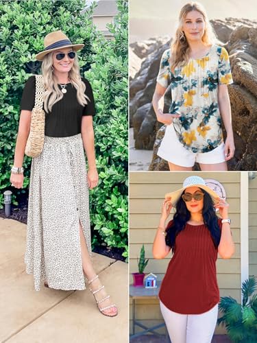 ATHMILE Womens T Shirts Short Sleeve Summer Tops Pleated Dressy Casual Blouses Spring Clothes Beach Vacation 20254