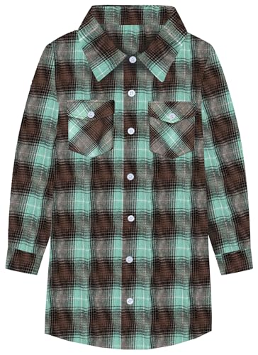 Image of SANGTREE Women and Girls Oversized Flannel Plaid Shirt Mid-Length Casual Button Down Shirt with Pockets