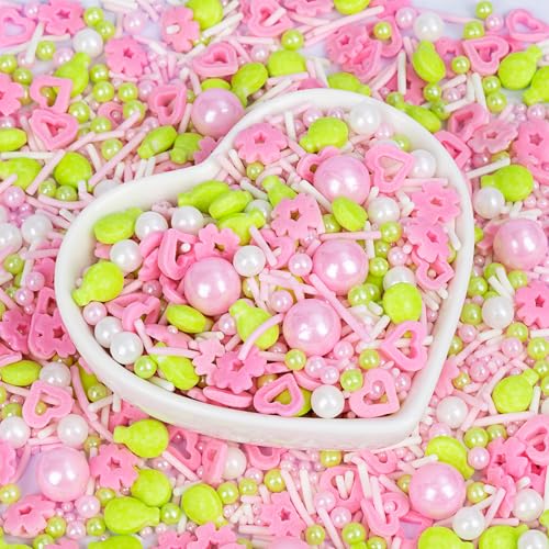 Image of Edible Sprinkles for Cake Decorations,Pink White Pearls and Jimmies,Heart and Flowers,Bright Green Balloons Sprinkle Mix,Spring Candy Sprinkles for Cakes,Cupcakes,Dessert Tables & Party Favors,Food Grade Sugar Decorating for Brunch,Wedding Birthday & Spring Baking